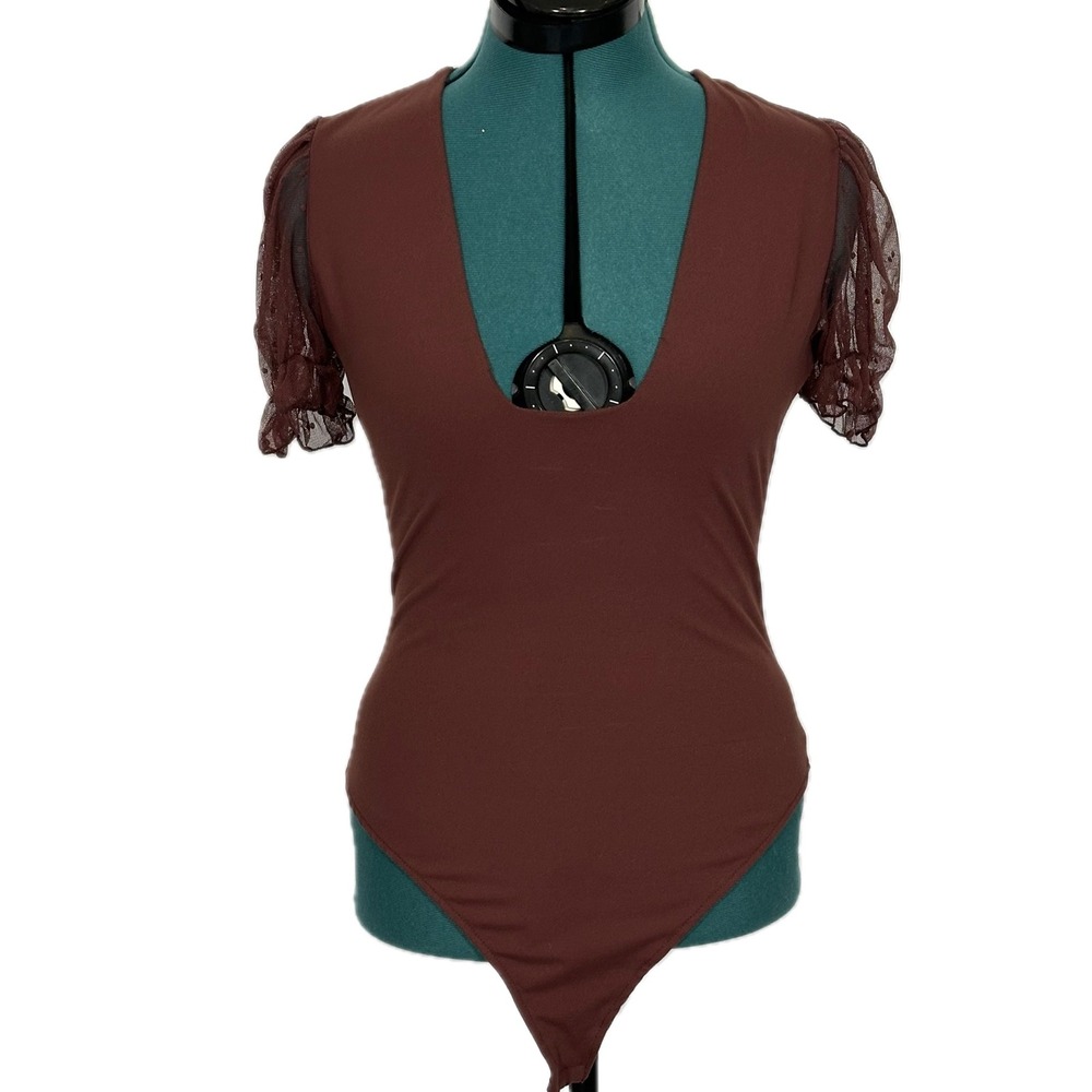 Intimately Free People Bare and Square Bodysuit Medium Puff Sleeve Deep V